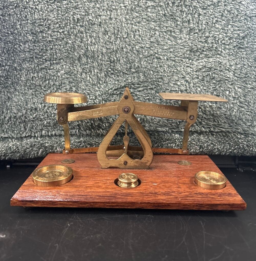 Postal Scale Brass on Wood Base w 4Weights Antique Made in England Desk Decor